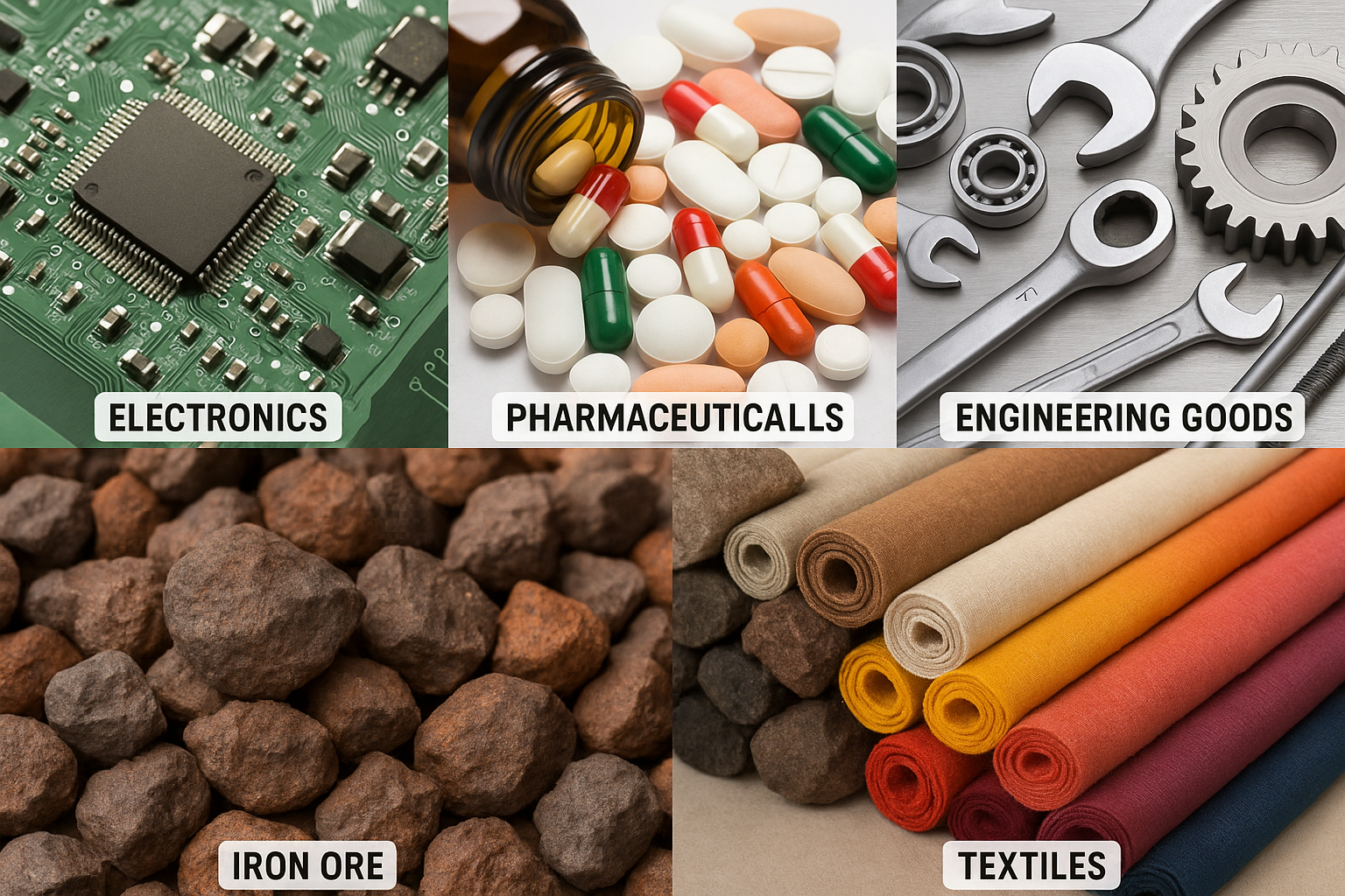 Key Sectors Driving India’s Export-Import Growth electronics, pharmaceuticals, engineering goods, iron ore, and textiles