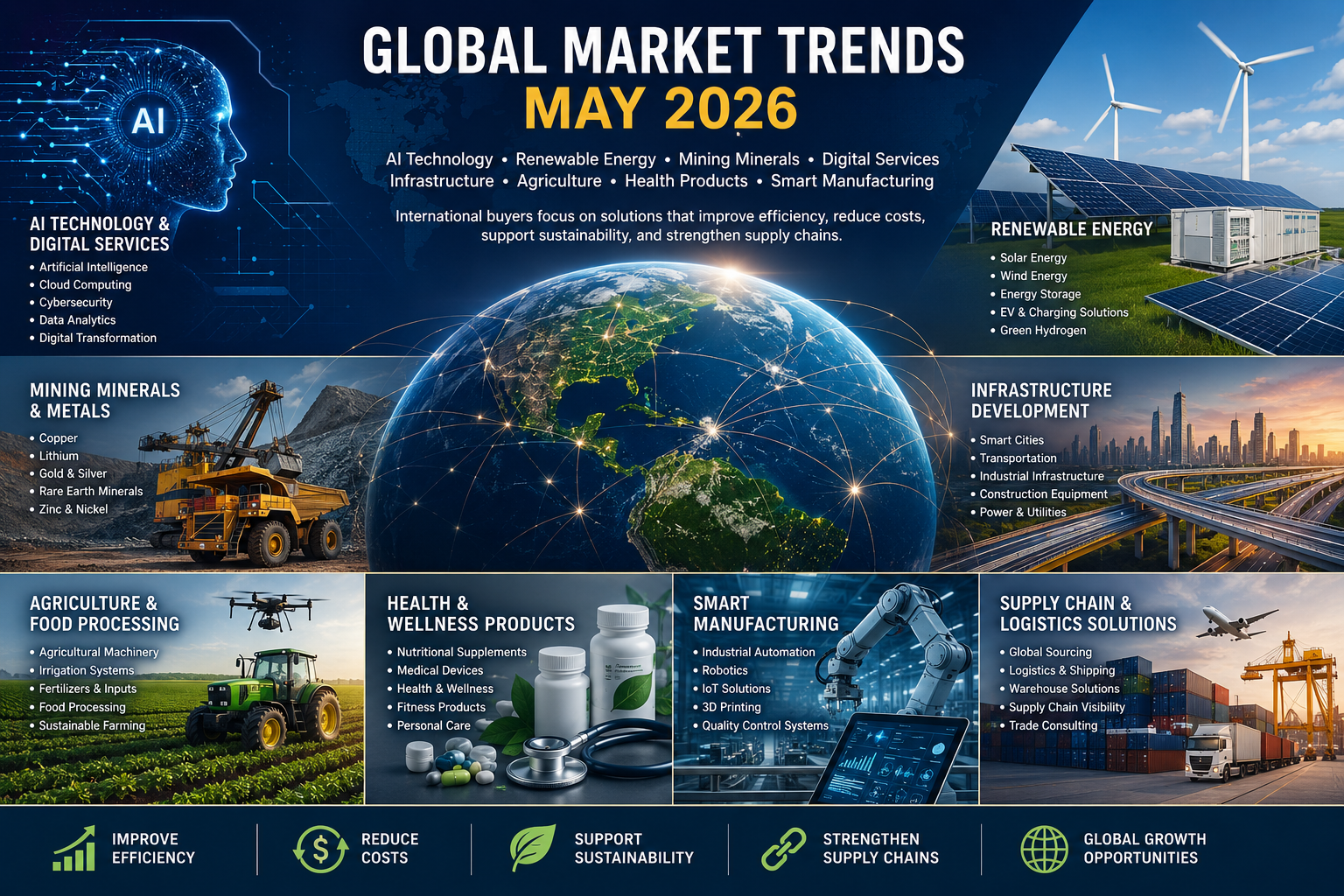 The global market in May 2026 is being driven by AI technology, renewable energy, mining minerals, digital services, infrastructure, agriculture, health products, and smart manufacturing. International buyers are focusing on products and services that improve efficiency, reduce costs, support sustainability, and strengthen supply chains.